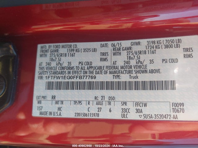 Ford F-150 Lariat 2015 1FTFW1EG0FFB77769 Image 9