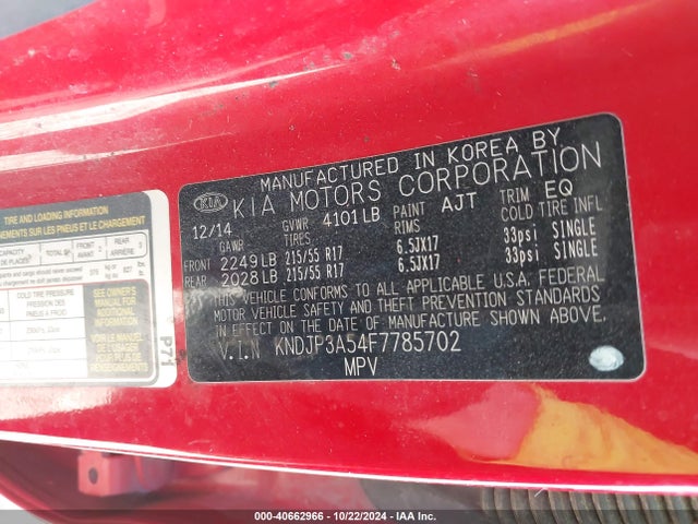 KIA SOUL + 2015 KNDJP3A54F7785702 Image 9
