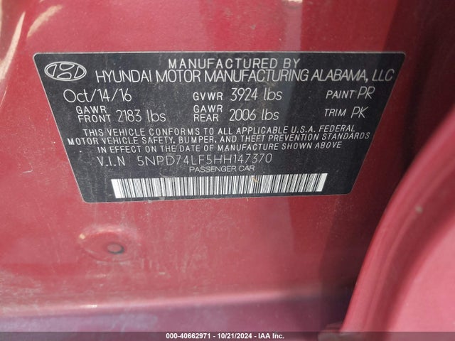 Hyundai ELANTRA SE 2017 5NPD74LF5HH147370 Image 9
