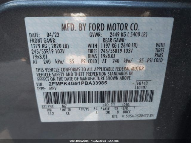 2FMPK4G91PBA33985 Ford EDGE SE