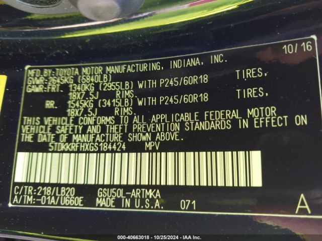 5TDKKRFHXGS184424 Toyota Highlander Xle V6