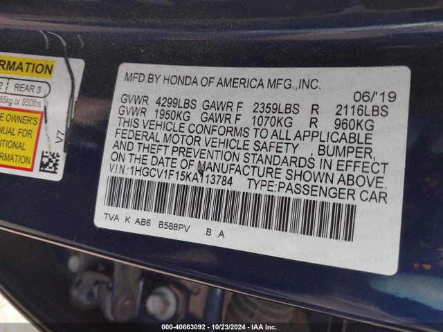 Honda ACCORD LX 2019 1HGCV1F15KA113784 Image 9