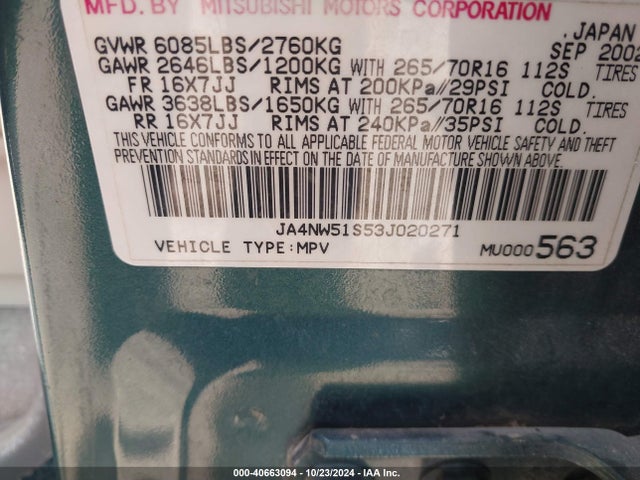 2003 MITSUBISHI MONTERO JA4NW51S53J020271 Photo 8