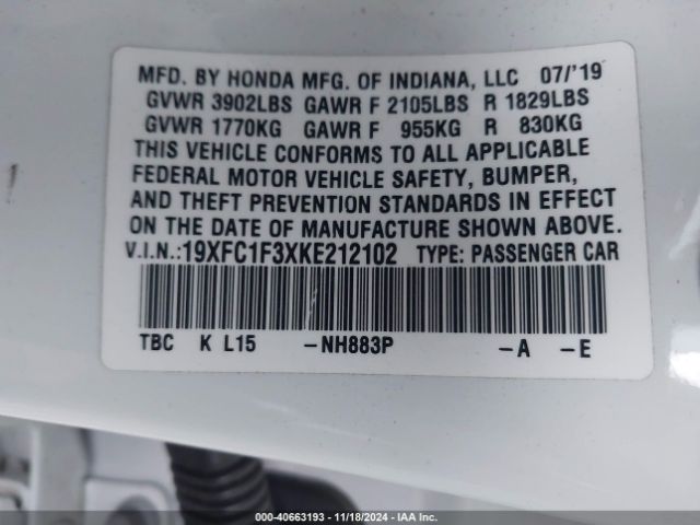 19XFC1F3XKE212102 Honda CIVIC EX