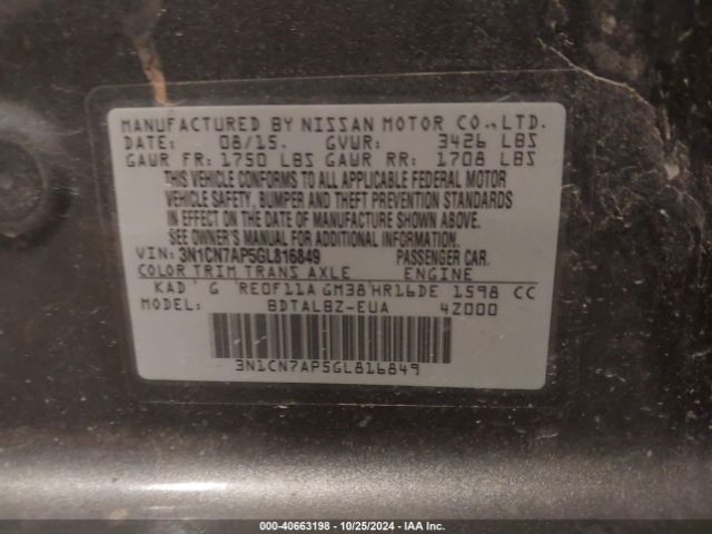3N1CN7AP5GL816849 Nissan Versa 1.6 S/1.6 S+/1.6 Sl/1.6 Sv