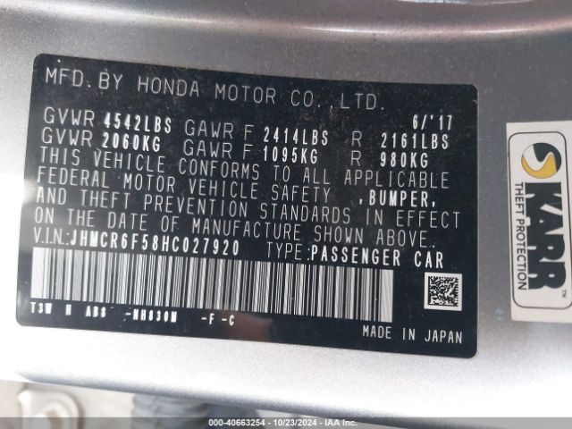 JHMCR6F58HC027920 Honda Accord Hybrid Ex-l