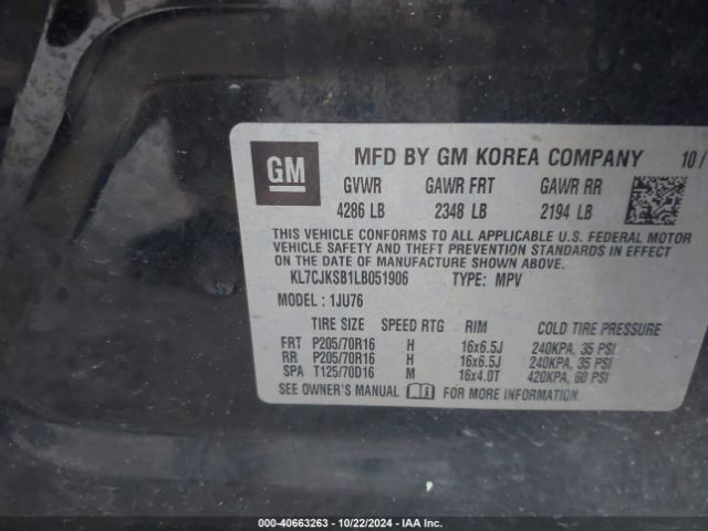 KL7CJKSB1LB051906 Chevrolet Trax Fwd Ls