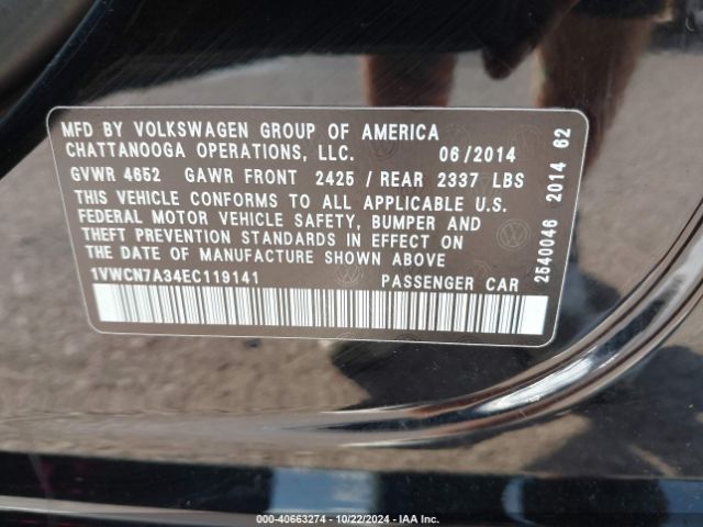 1VWCN7A34EC119141 Volkswagen Passat 2.0l Tdi Sel Premium