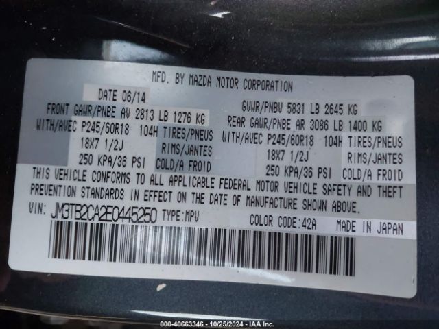 JM3TB2CA2E0445250 Mazda Cx-9 Touring