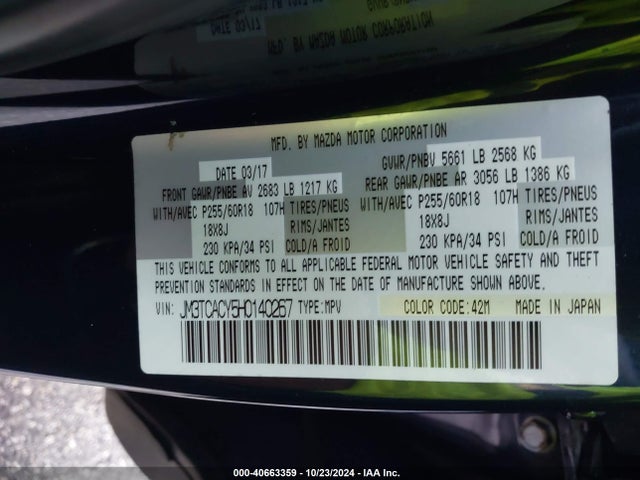 JM3TCACY5H0140267 Mazda Cx-9 Touring