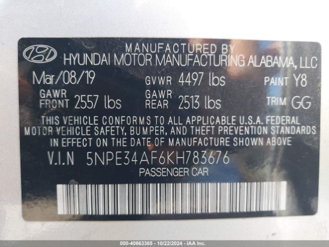 5NPE34AF6KH783676 Hyundai SONATA SEL