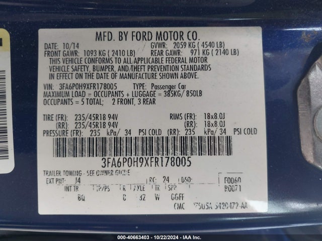 Ford FUSION SE 2015 3FA6P0H9XFR178005 Image 9