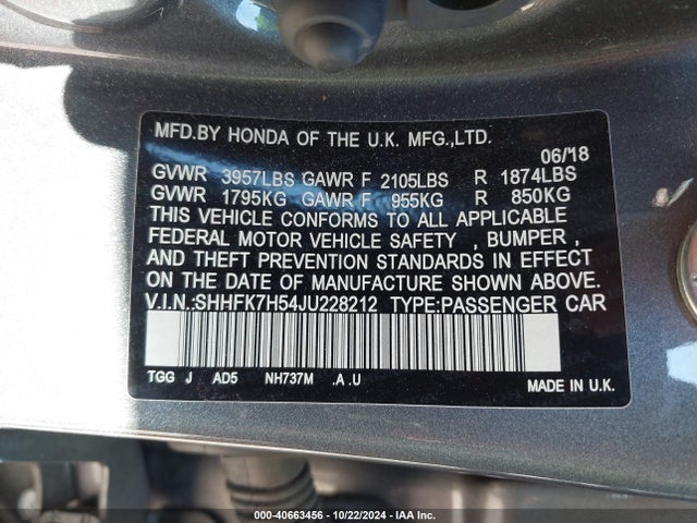 Honda CIVIC EX 2018 SHHFK7H54JU228212 Image 9