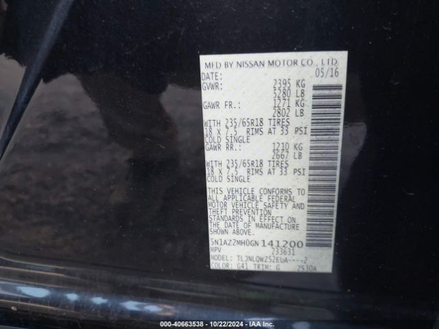 5N1AZ2MH0GN141200 Nissan MURANO SV