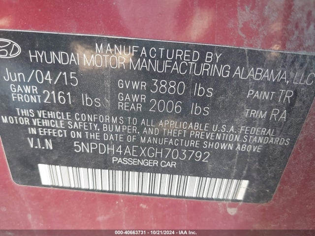 Hyundai ELANTRA SE 2016 5NPDH4AEXGH703792 Image 9