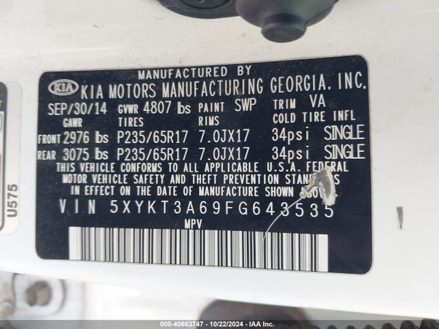 KIA SORENTO LX 2015 5XYKT3A69FG643535 Image 9