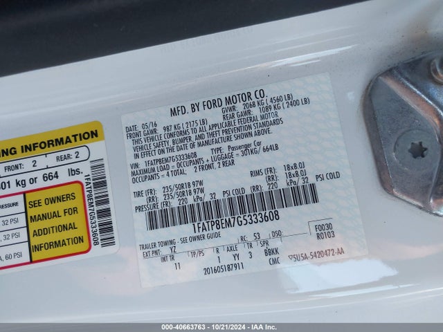 Ford Mustang V6 2016 1FATP8EM7G5333608 Image 9