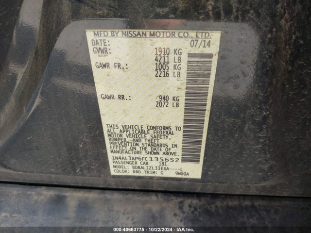 Nissan Altima 2.5 Sv 2015 1N4AL3AP6FC135652 Image 9