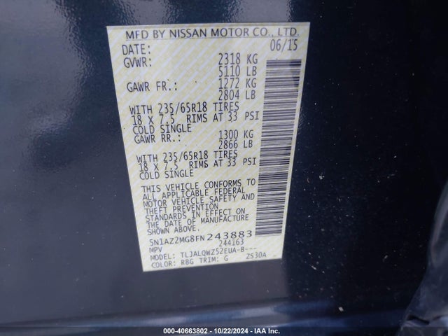 Nissan MURANO SV 2015 5N1AZ2MG8FN243883 Image 9
