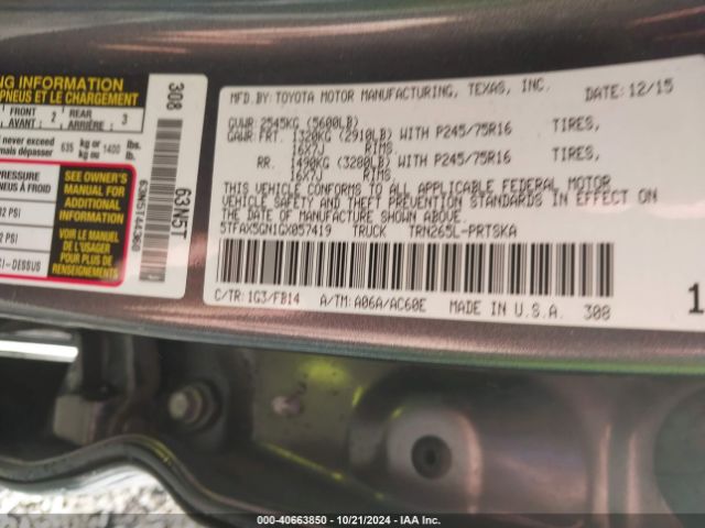 5TFAX5GN1GX057419 Toyota Tacoma Sr