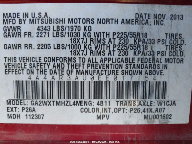 4A4AR3AU0EE017154 Mitsubishi Outlander Sport Es
