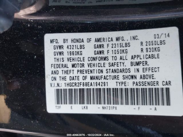 1HGCR2F88EA194291 Honda Accord Ex-l