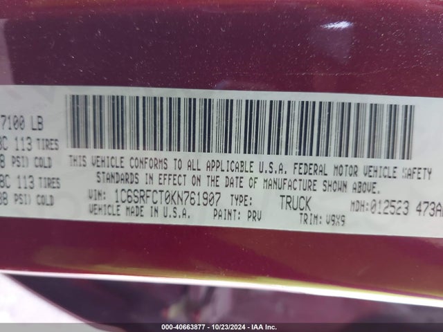 RAM 1500 Tradesman  4x4 6'4 Box 2019 1C6SRFCT0KN761907 Image 9
