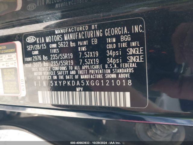 5XYPKDA5XGG121018 KIA Sorento 3.3l Sx