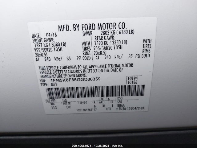 Ford Explorer Limited 2016 1FM5K8F85GGD06359 Image 9