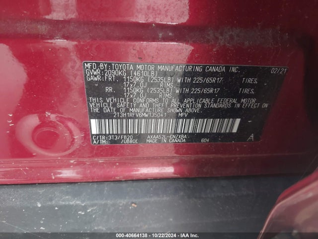 2T3H1RFV6MW135041 Toyota RAV4 LE