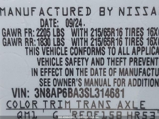 3N8AP6BA3SL314681 Nissan KICKS S