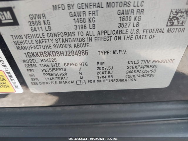 1GKKRSKD3HJ284986 GMC Acadia Limited
