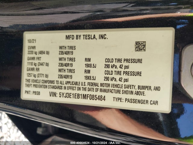 2021 TESLA MODEL 3 5YJ3E1EB1MF085484 Photo 8