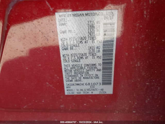 5N1DR2MM2HC681073 Nissan Pathfinder Platinum