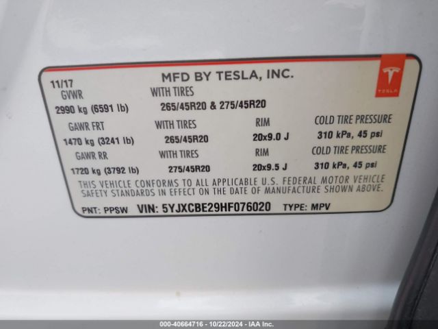 5YJXCBE29HF076020 Tesla Model X 100d/75d/90d