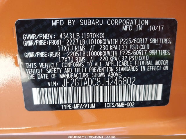 Subaru Crosstrek 2.0i Premium 2018 JF2GTADC8JH246802 Image 9