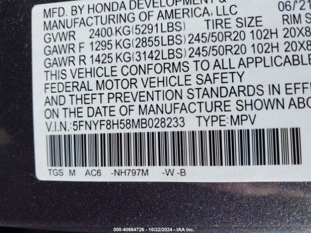 5FNYF8H58MB028233 Honda Passport Awd Ex-l
