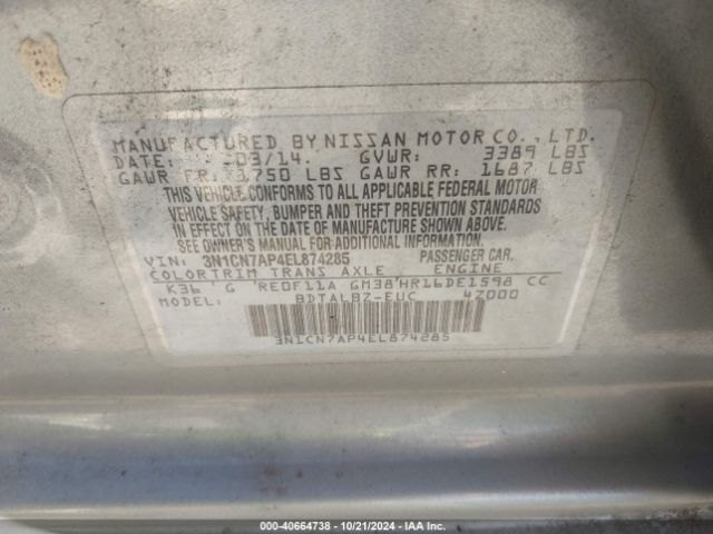 3N1CN7AP4EL874285 Nissan Versa 1.6 S/1.6 S+/1.6 Sl/1.6 Sv