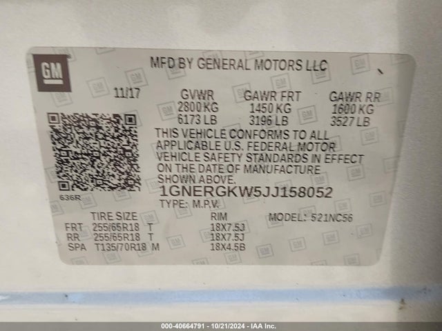 Chevrolet Traverse 1lt 2018 1GNERGKW5JJ158052 Image 9