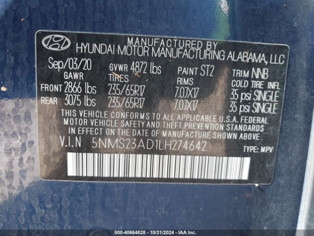 5NMS23AD1LH274642 Hyundai Santa Fe Se
