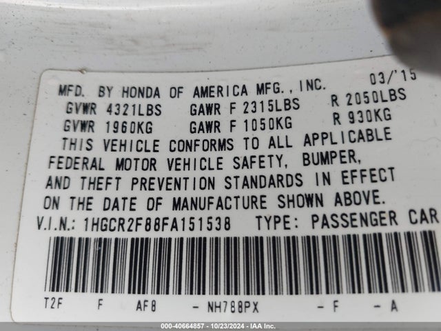 Honda Accord Ex-l 2015 1HGCR2F88FA151538 Image 9