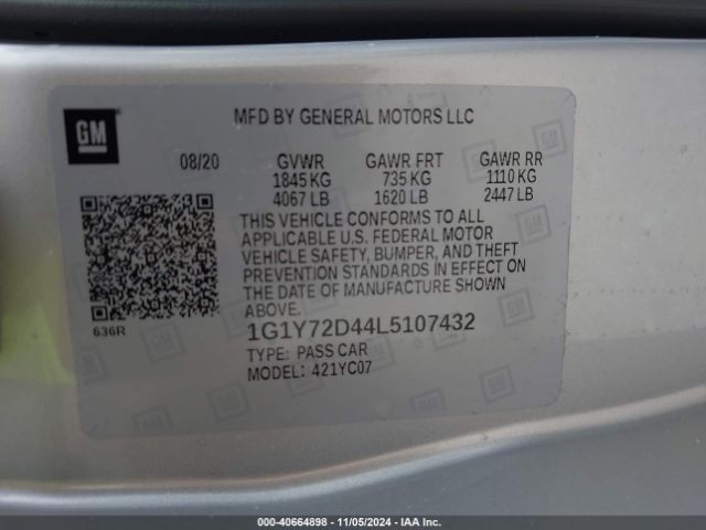 1G1Y72D44L5107432 Chevrolet Corvette Stingray Rwd  2lt