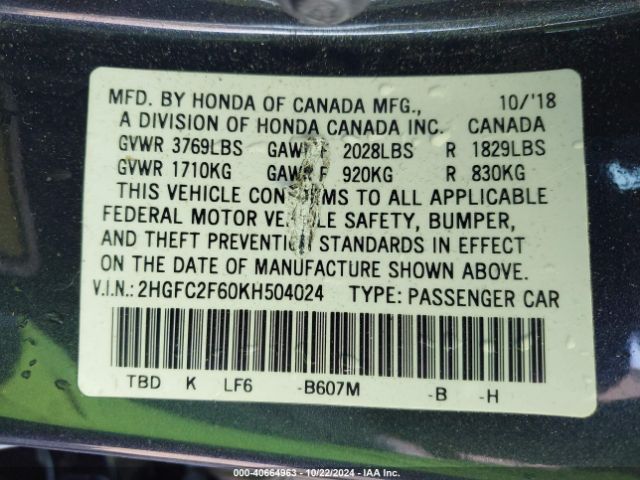 2HGFC2F60KH504024 Honda Civic Lx