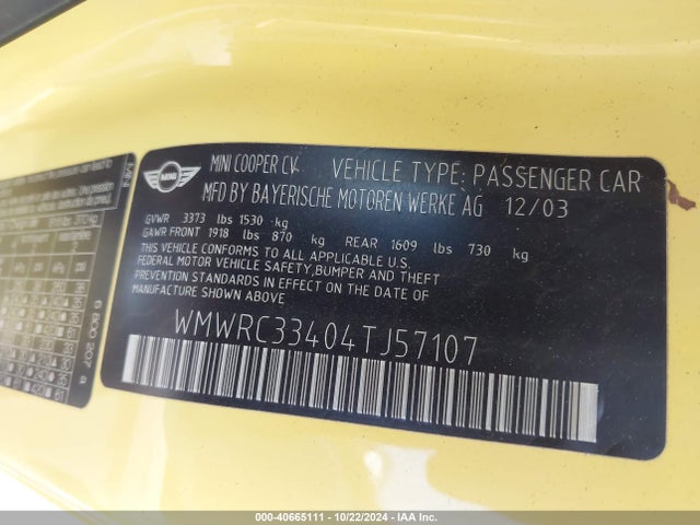 2004 MINI COOPER WMWRC33404TJ57107 Photo 8