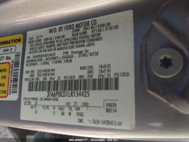 3FA6P0CD1LR154425 Ford FUSION SEL