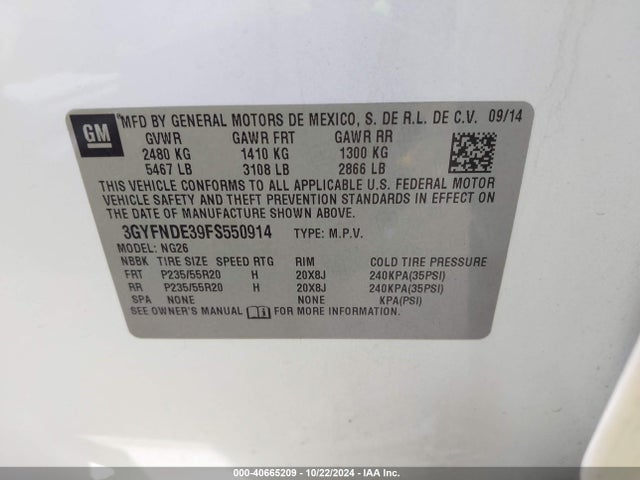 3GYFNDE39FS550914 Cadillac Srx Premium Collection