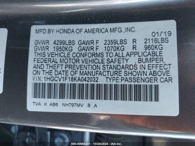 2019 HONDA ACCORD 1HGCV1F18KA042032 Photo 8