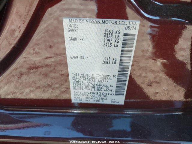 2025 Nissan Altima Sv Fwd მანქანა იყიდება აუქციონზე, vin: 1N4BL4DV4SN310466, აუქციონის ნომერი: 40665274