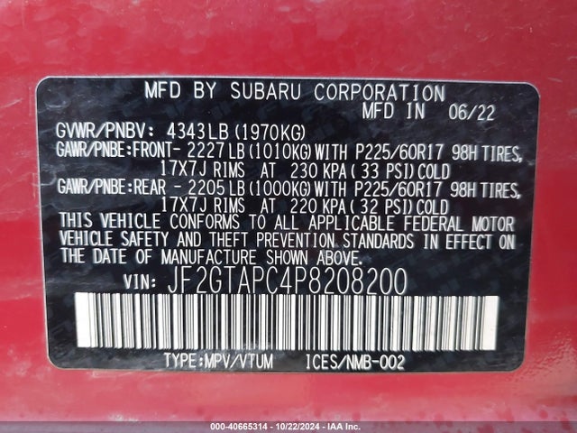 JF2GTAPC4P8208200 Subaru Crosstrek Premium