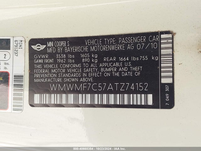 2010 MINI COOPER S WMWMF7C57ATZ74152 Photo 8